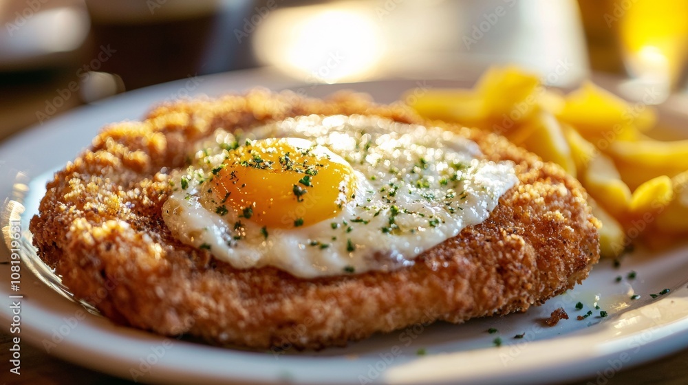 Deliciously crispy breaded schnitzel topped with a sunny-side-up egg and served with golden fries at sunset Deliciously crispy breaded schnitzel topped with a sunny-side-up egg and served with golden fries at sunset