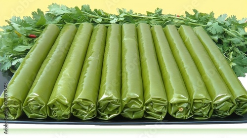 Green Rolled Food on a Black Plate with Cilantro photo