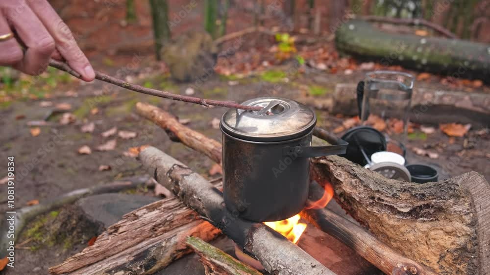 Caucasian Male Hiker Tourist Heating Water in Metal Pot Over Paraffin Wax Heater and Improvised Campfire at Bushcraft Forest Camping Spot Caucasian Male Hiker Tourist Heating Water in Metal Pot Over Paraffin Wax Heater and Improvised Campfire at Bushcraft Forest Camping Spot