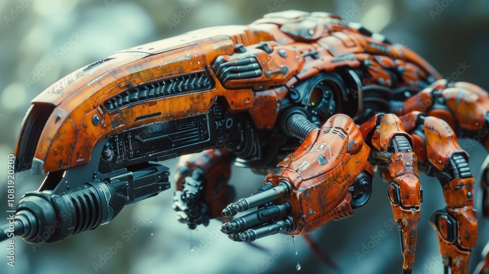 A futuristic, orange, robotic crab with multiple arms and legs, made of metal and wires, in a close-up, with blurred background. A futuristic, orange, robotic crab with multiple arms and legs, made of metal and wires, in a close-up, with blurred background.
