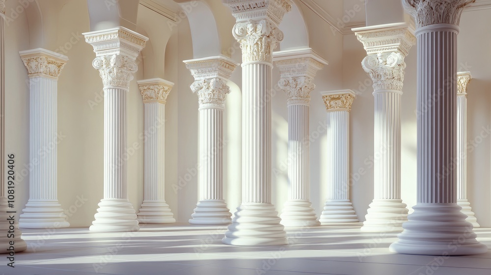 A serene interior featuring classical white columns with intricate details, creating a tranquil and elegant atmosphere. A serene interior featuring classical white columns with intricate details, creating a tranquil and elegant atmosphere.