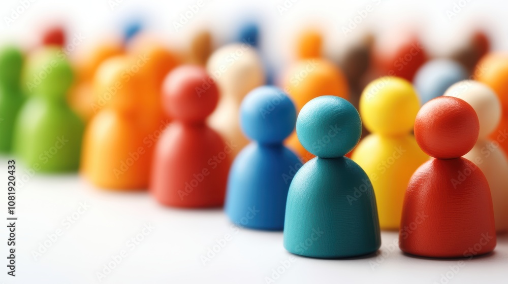 A collection of colorful wooden figurines arranged in a row, suitable for illustrating teamwork, diversity, or community concepts in marketing materials, educational resources, or presentations, A collection of colorful wooden figurines arranged in a row, suitable for illustrating teamwork, diversity, or community concepts in marketing materials, educational resources, or presentations,