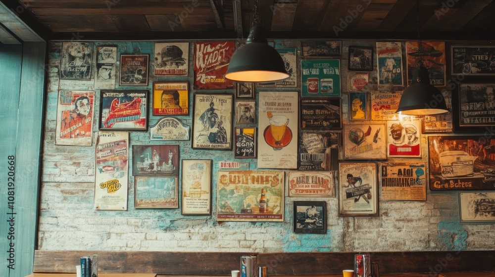 Obraz premium Coffee shop with vintage posters on the wall, vintage style.