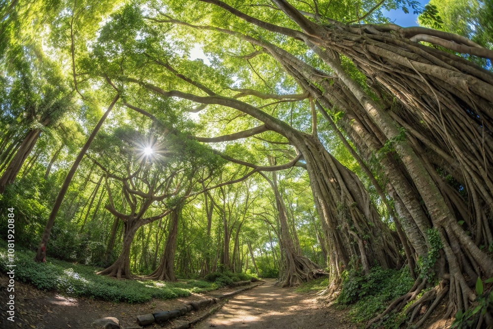 Panoramic View of Entangled Nature: A Lush Forest with Twisted Vines and Interwoven Branches Creating a Tapestry of Greenery and Life Under a Bright Blue Sky Panoramic View of Entangled Nature: A Lush Forest with Twisted Vines and Interwoven Branches Creating a Tapestry of Greenery and Life Under a Bright Blue Sky
