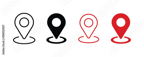 Location pin with circle, linear style icon. Red map pin location icon line set, vector illustration