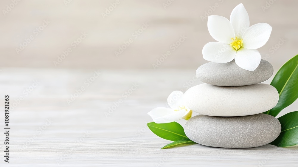 A serene composition of stacked stones with a white flower and green leaves, perfect for wellness, meditation, or spa-related projects, conveying tranquility and balance, A serene composition of stacked stones with a white flower and green leaves, perfect for wellness, meditation, or spa-related projects, conveying tranquility and balance,