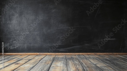 A rustic wooden floor in front of a blank black chalkboard, ideal for presentations or educational settings.