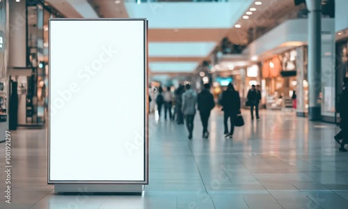 Blank Advertising Billboard in Modern Shopping Mall with Shoppers Passing By : Generative AI
