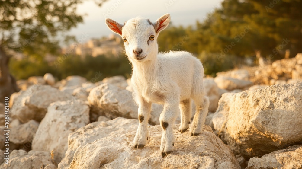 A Curious Baby Goat Standing on Rocks in the Sunlight A Curious Baby Goat Standing on Rocks in the Sunlight