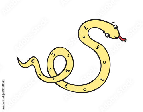 Hand drawn cute cartoon yellow color outline simple snake. Kind doodle snake smile isolated on white background.