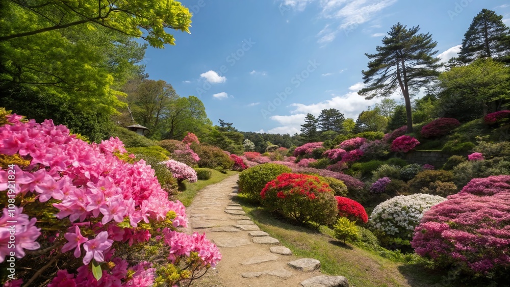 Panoramic View of Vibrant Azalia Blooms in a Lush Garden Setting with a Clear Blue Sky, Perfect for Nature Lovers and Floral Enthusiasts, Capturing the Essence of Springtime Beauty Panoramic View of Vibrant Azalia Blooms in a Lush Garden Setting with a Clear Blue Sky, Perfect for Nature Lovers and Floral Enthusiasts, Capturing the Essence of Springtime Beauty