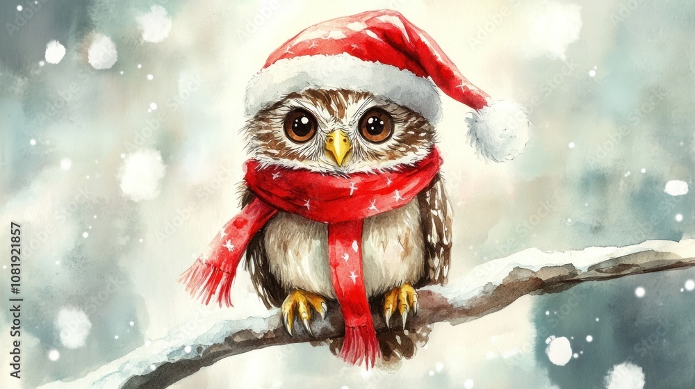 A cute watercolor illustration of an owl wearing a Santa hat and scarf perched on a snowy branch, surrounded by falling snowflakes. A cute watercolor illustration of an owl wearing a Santa hat and scarf perched on a snowy branch, surrounded by falling snowflakes.