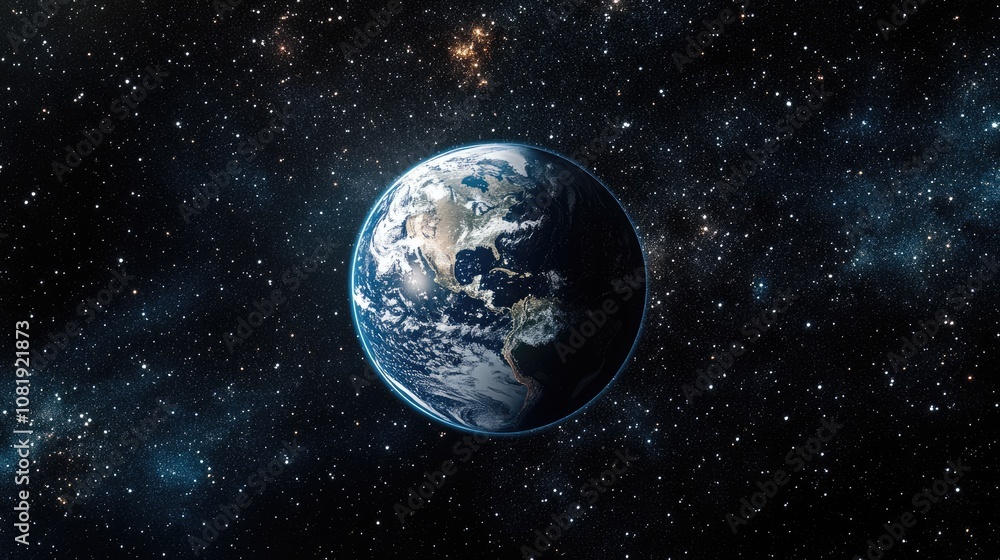 Obraz premium A stunning view of Earth from space, showcasing its vibrant blue oceans and swirling clouds against a starry backdrop.