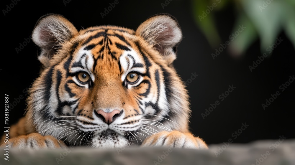 Obraz premium A close-up portrait of a tiger, showcasing its striking orange and black stripes and intense gaze, ideal for wildlife documentaries, educational materials, or nature-themed projects,