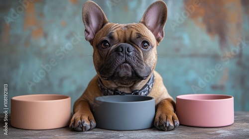 Adorable French Bulldog Posing with Stylish Pet Bowls photo