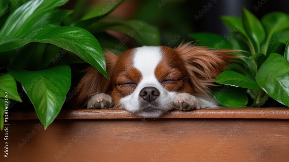 A small dog peacefully sleeps amidst vibrant green leaves, showcasing tranquility and comfort, This image is perfect for pet care articles, relaxation themes, or nature-oriented projects, A small dog peacefully sleeps amidst vibrant green leaves, showcasing tranquility and comfort, This image is perfect for pet care articles, relaxation themes, or nature-oriented projects,