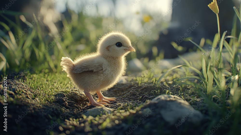 Adorable Yellow Chick Standing on Grass Surrounded by Nature in Soft Light, Capturing the Essence of New Life and Springtime Awe Adorable Yellow Chick Standing on Grass Surrounded by Nature in Soft Light, Capturing the Essence of New Life and Springtime Awe