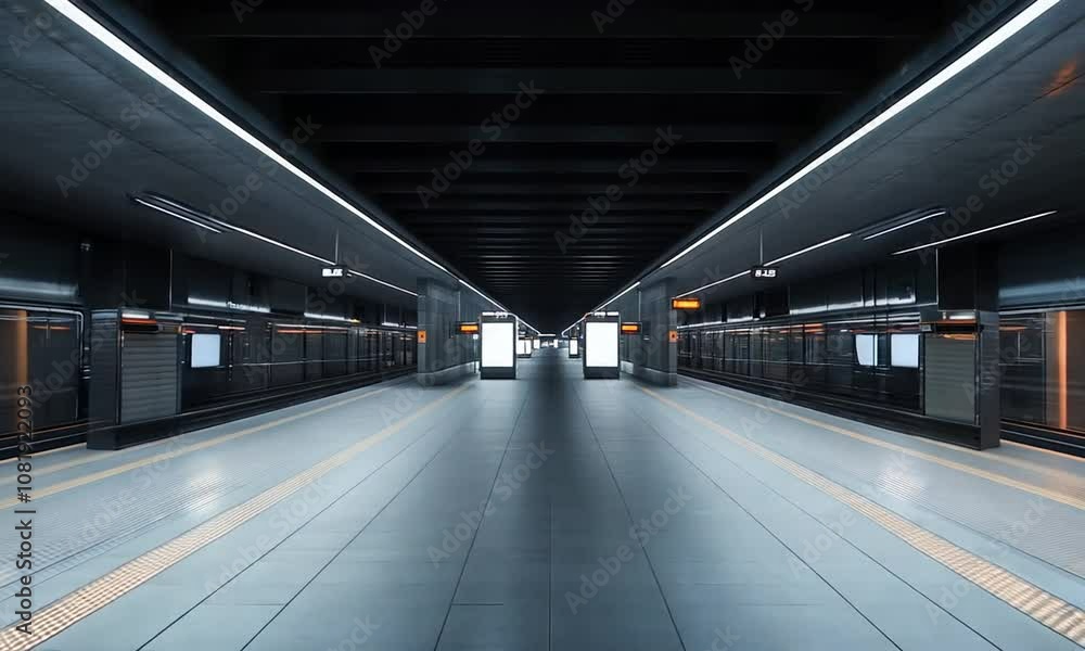 Underground Subway Platform with Blank Advertisements for Urban Transit Advertising : Generative AI Underground Subway Platform with Blank Advertisements for Urban Transit Advertising : Generative AI