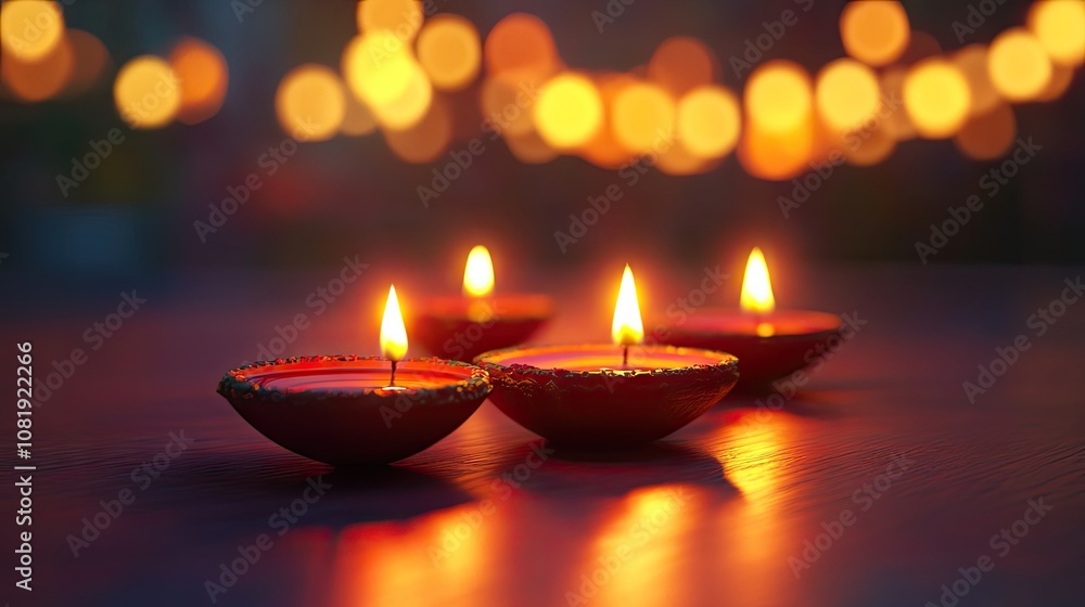 Four glowing candles set on a table, casting a warm and inviting light in a softly illuminated space. Four glowing candles set on a table, casting a warm and inviting light in a softly illuminated space.