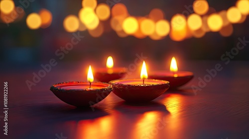 Four glowing candles set on a table, casting a warm and inviting light in a softly illuminated space.