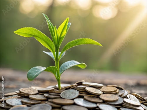 Plant Emerging from Coins Symbolizing Growth and Prosperity in Soft Daylight, Perfect for Financial and Nature Themes in Product Photography