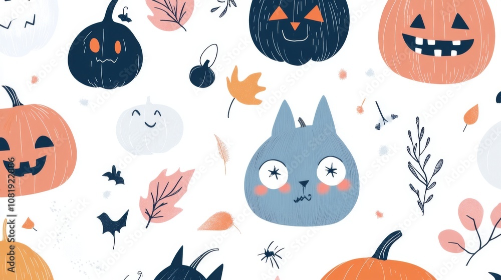 Fototapeta premium Cute Halloween Pumpkins and Ghosts Pattern