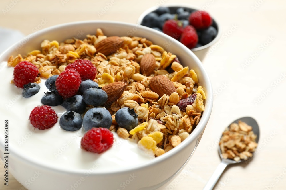 Delicious granola with berries and yogurt on the table Delicious granola with berries and yogurt on the table