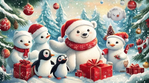 Wallpaper Mural Cute Polar Bear and Penguin Friends Celebrate Christmas in the Snowy Forest Torontodigital.ca