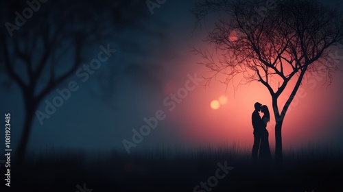 Silhouetted couple shares an intimate kiss amidst dark trees and a colorful sunset backdrop, perfect for themes of love and romance in advertising, greeting cards, and websites,