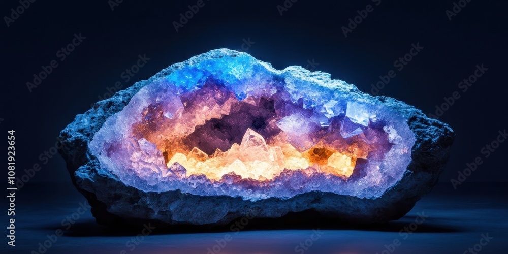 Enchanting reflective geode radiating soft, mesmerizing colors in a captivating display of natural beauty. Enchanting reflective geode radiating soft, mesmerizing colors in a captivating display of natural beauty.