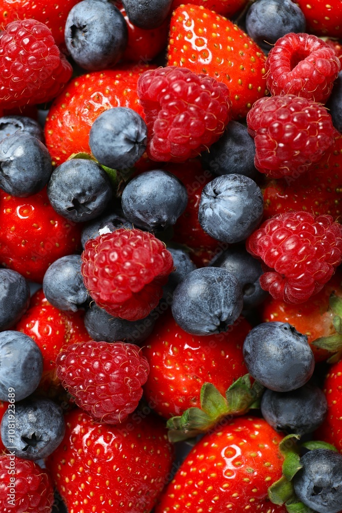 Obraz premium Different fresh ripe berries, top view