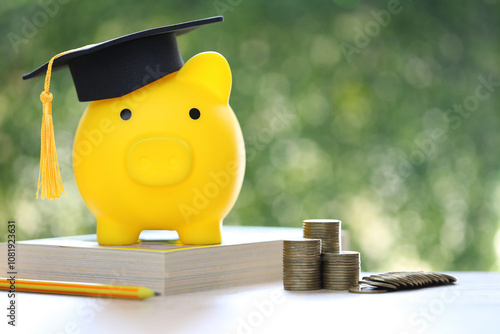 Graduation hat on piggy bank with stack of coins money on nature green background, Saving money for education concept