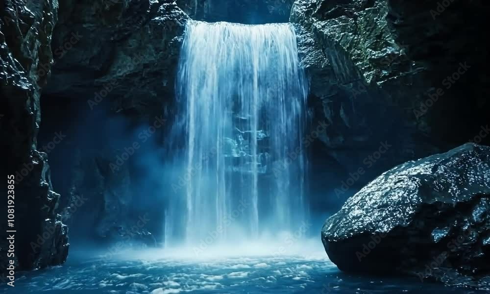 A serene waterfall cascades into a tranquil pool, surrounded by rocky cave formations.