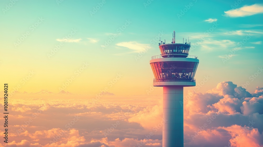 Scenic View of an Airport Control Tower Emerging Above Soft Clouds During a Beautiful Sunset With Colorful Sky in the Background Scenic View of an Airport Control Tower Emerging Above Soft Clouds During a Beautiful Sunset With Colorful Sky in the Background