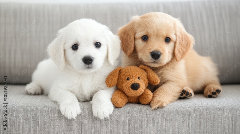 Two adorable puppies, one white and one golden, sit together on a sofa with a plush toy in between them, showcasing their playful nature, Perfect for pet-themed marketing or family-oriented projects, Two adorable puppies, one white and one golden, sit together on a sofa with a plush toy in between them, showcasing their playful nature, Perfect for pet-themed marketing or family-oriented projects,