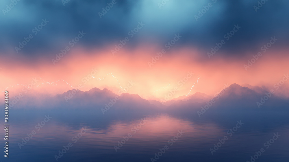dramatic scene of storm clouds illuminated by lightning over tranquil lake, with mountains in background. contrast of dark clouds and vibrant colors creates captivating atmosphere dramatic scene of storm clouds illuminated by lightning over tranquil lake, with mountains in background. contrast of dark clouds and vibrant colors creates captivating atmosphere