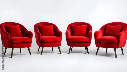 Red chairs in the room, a red chair with a metal frame and a red chair in the middle.