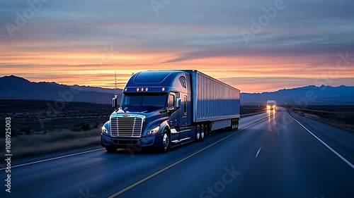 On coming huge semi-trailer truck riding on the highway. Close-up animation