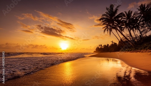 Tropical Sunset Over a Remote Beach With Palm Trees Silhouetted Against the Golden Horizon, While the Ocean Waves Gently Lap the Shoreline Under a Vibrant Orange Sky