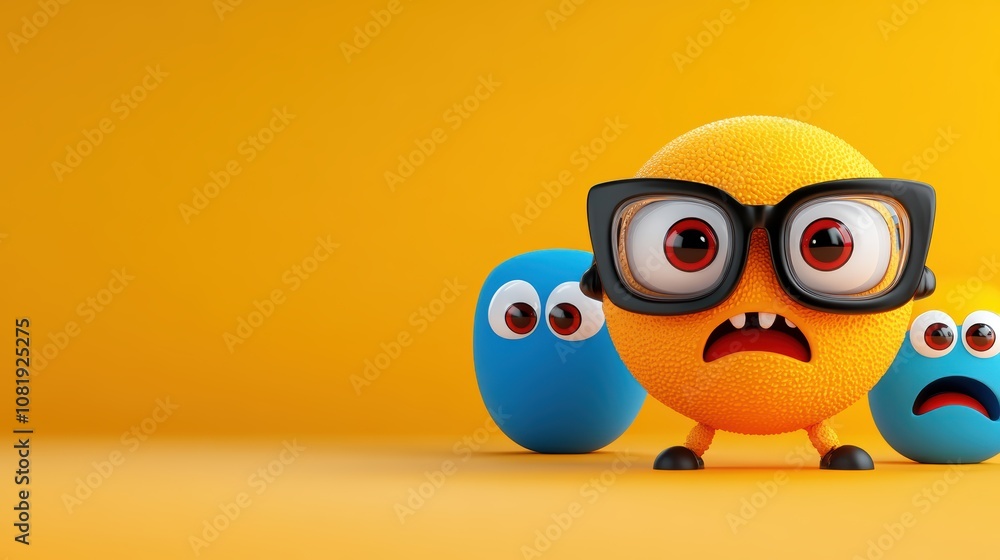 Obraz premium Worried Cartoon Characters 3D Render Emojis Funny Orange Blue Glasses Background