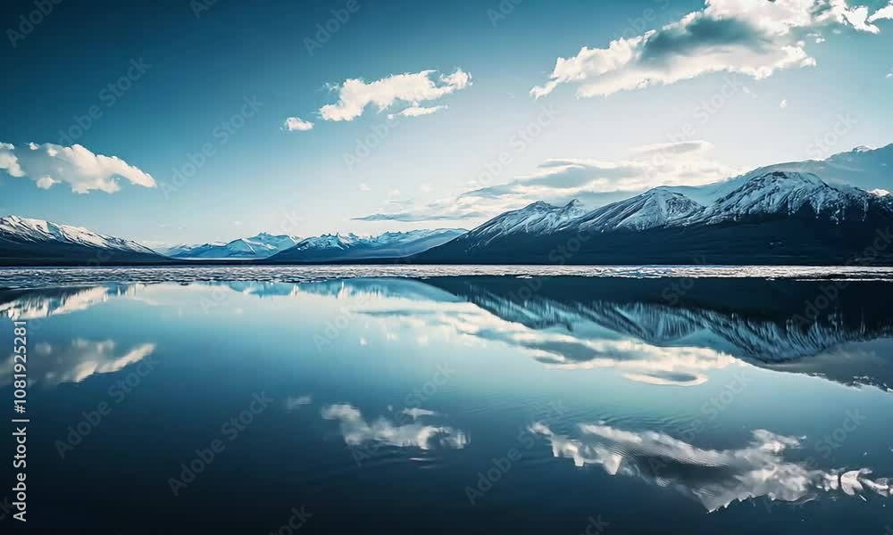 Serene mountain lake landscape with snowy peaks under a clear blue sky : Generative AI Serene mountain lake landscape with snowy peaks under a clear blue sky : Generative AI