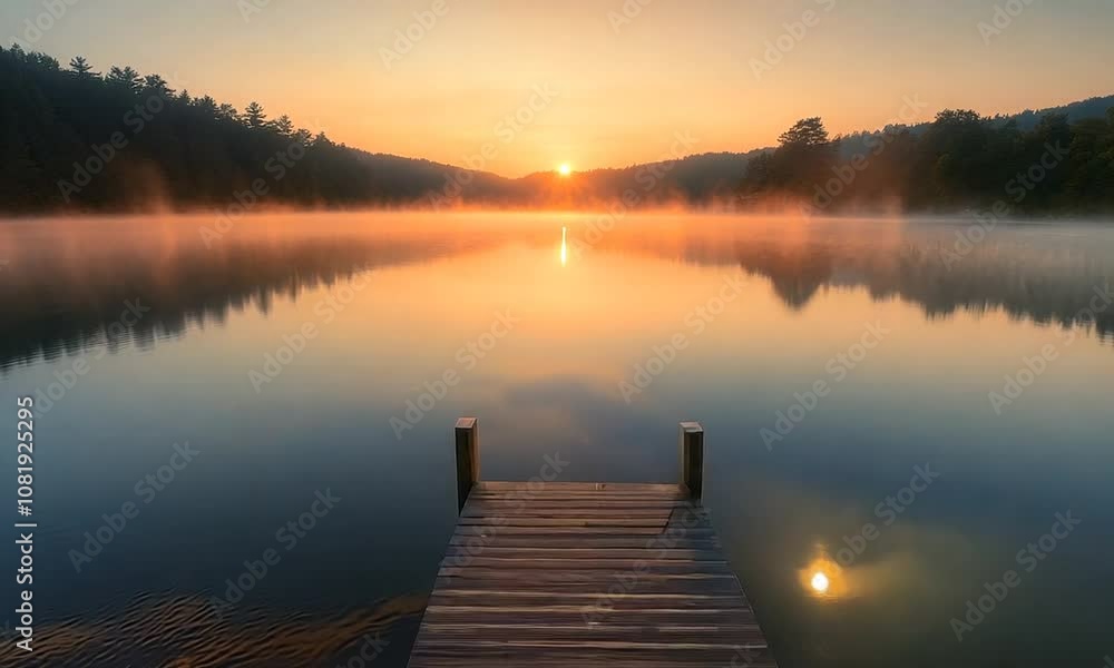 Serene Lakeside Sunrise with Fog and Wooden Dock Tranquil Morning Landscape : Generative AI Serene Lakeside Sunrise with Fog and Wooden Dock Tranquil Morning Landscape : Generative AI