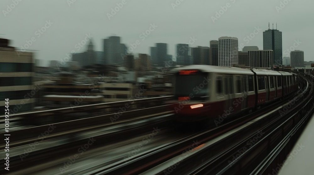 Urban Train in Motion with City Skyline Backdrop on Gloomy Day, Expressing Modern Transportation and Urban Life in a Dynamic City Environment Urban Train in Motion with City Skyline Backdrop on Gloomy Day, Expressing Modern Transportation and Urban Life in a Dynamic City Environment