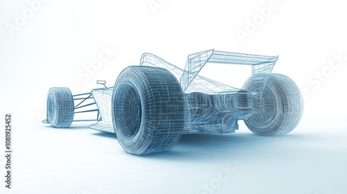 Wireframe of a race car in blue on a white background.