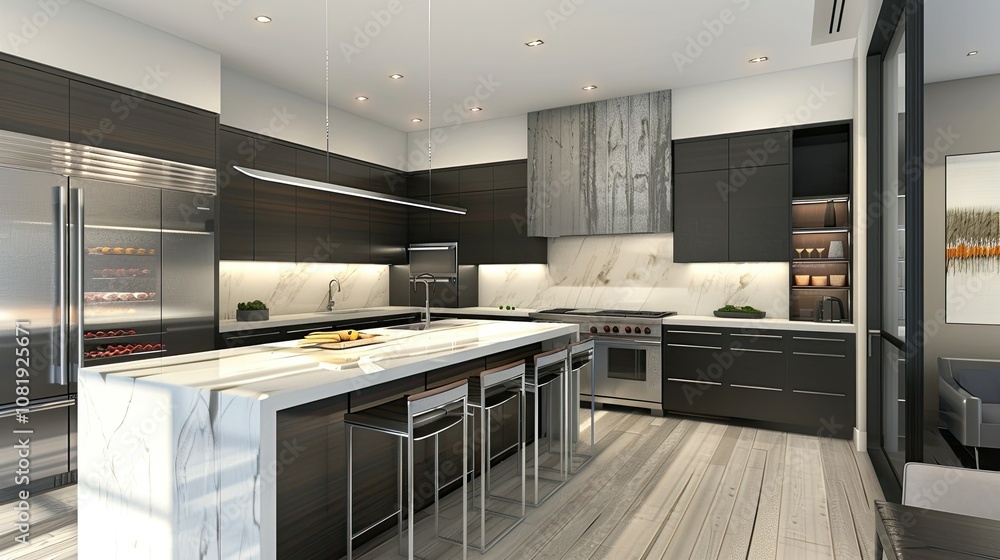 3D rendering of modern kitchen with sleek cabinets and island counter 3D rendering of modern kitchen with sleek cabinets and island counter