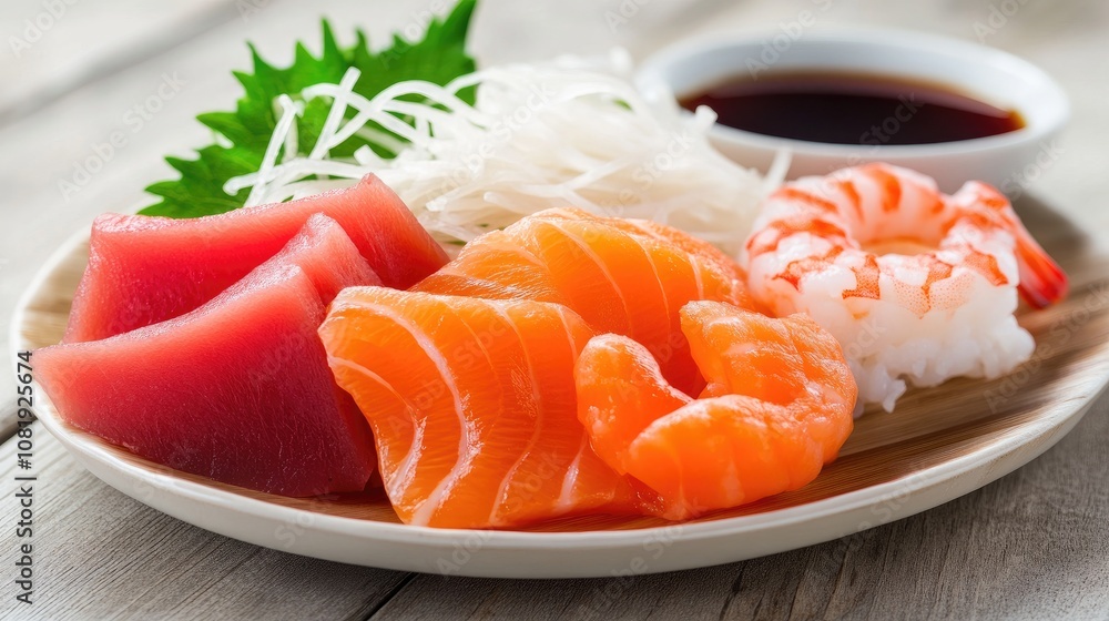 Fresh and Colorful Sushi Platter with Salmon, Tuna, Shrimp, and Garnishes served on a Wooden Table in Natural Light Perfect for Food Photography Fresh and Colorful Sushi Platter with Salmon, Tuna, Shrimp, and Garnishes served on a Wooden Table in Natural Light Perfect for Food Photography