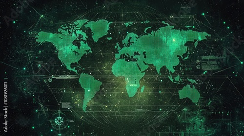 A glowing green world map overlaid with digital data, representing global connectivity and technology.