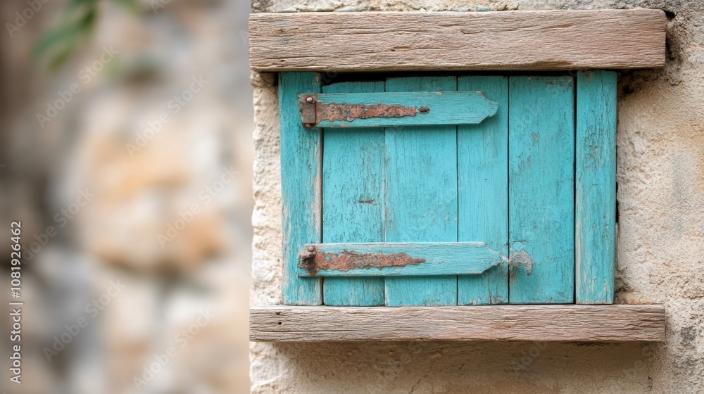 Rustic turquoise wooden shutter with weathered texture, mounted on a stone wall, Ideal for vintage decor themes, home renovation projects, or as a backdrop for artistic photography, Rustic turquoise wooden shutter with weathered texture, mounted on a stone wall, Ideal for vintage decor themes, home renovation projects, or as a backdrop for artistic photography,