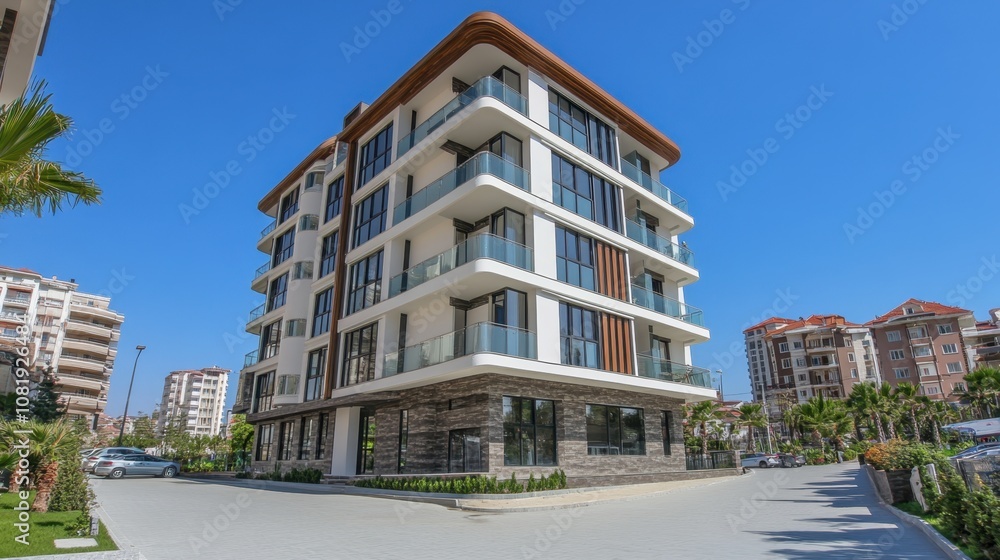 Modern Multi-Story Residential Building Surrounded by Lush Greenery and Clear Blue Sky in an Urban Environment with Well-Maintained Outdoor Areas Modern Multi-Story Residential Building Surrounded by Lush Greenery and Clear Blue Sky in an Urban Environment with Well-Maintained Outdoor Areas