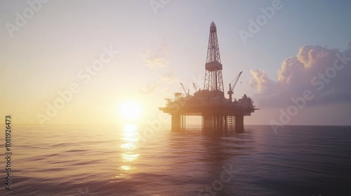 Offshore oil drilling rig silhouette at sunset over calm ocean waters, highlighting industrial engineering and energy exploration in tranquil marine environment.